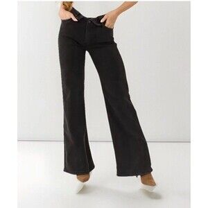 Risen Women's Folded Waist High Rise Wide Leg Jeans Size 13/31 Black Raw Hem